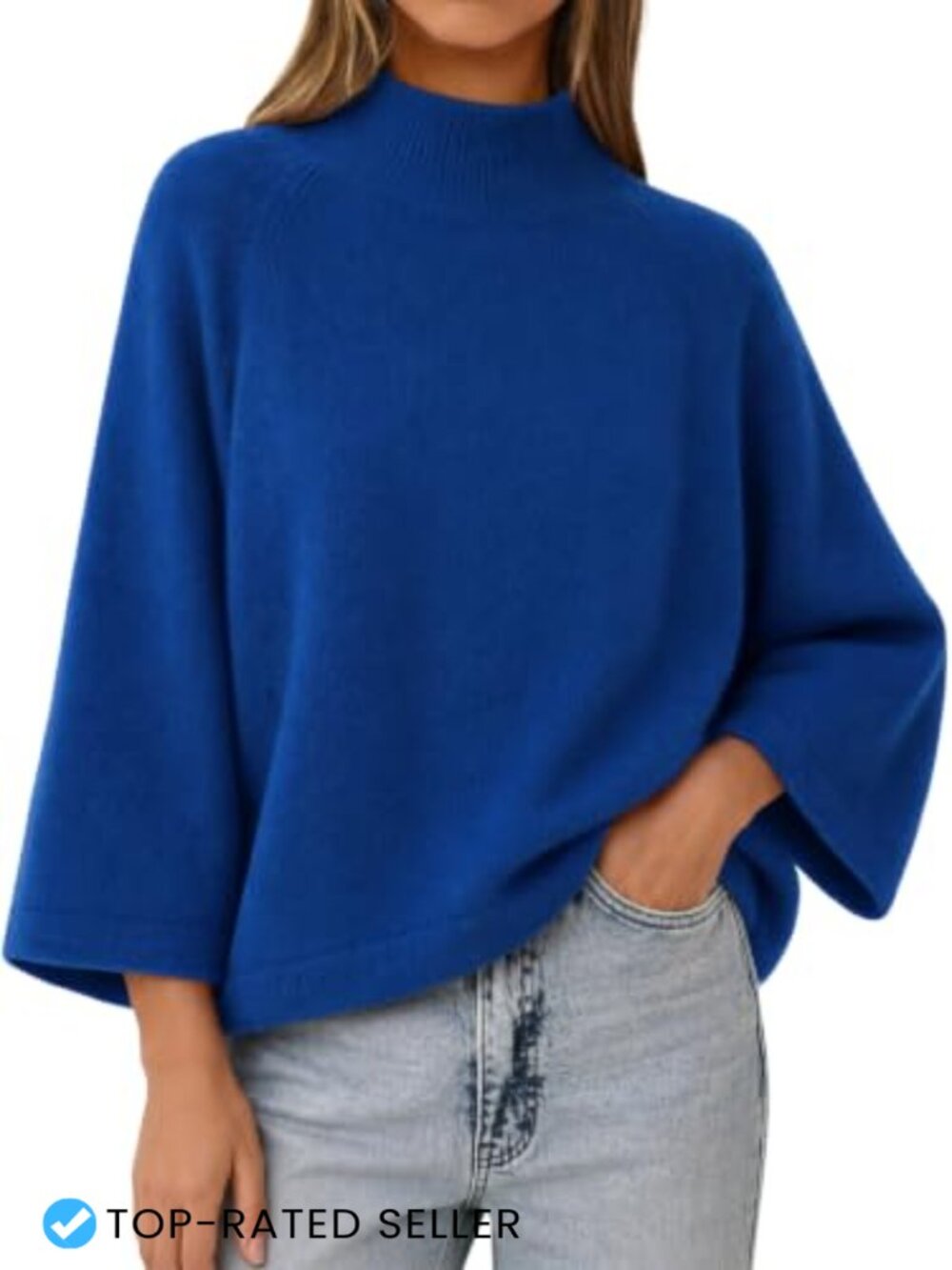Womens 3/4 Bell Sleeve Mock Neck Oversized Knit Sweater Pullover Top